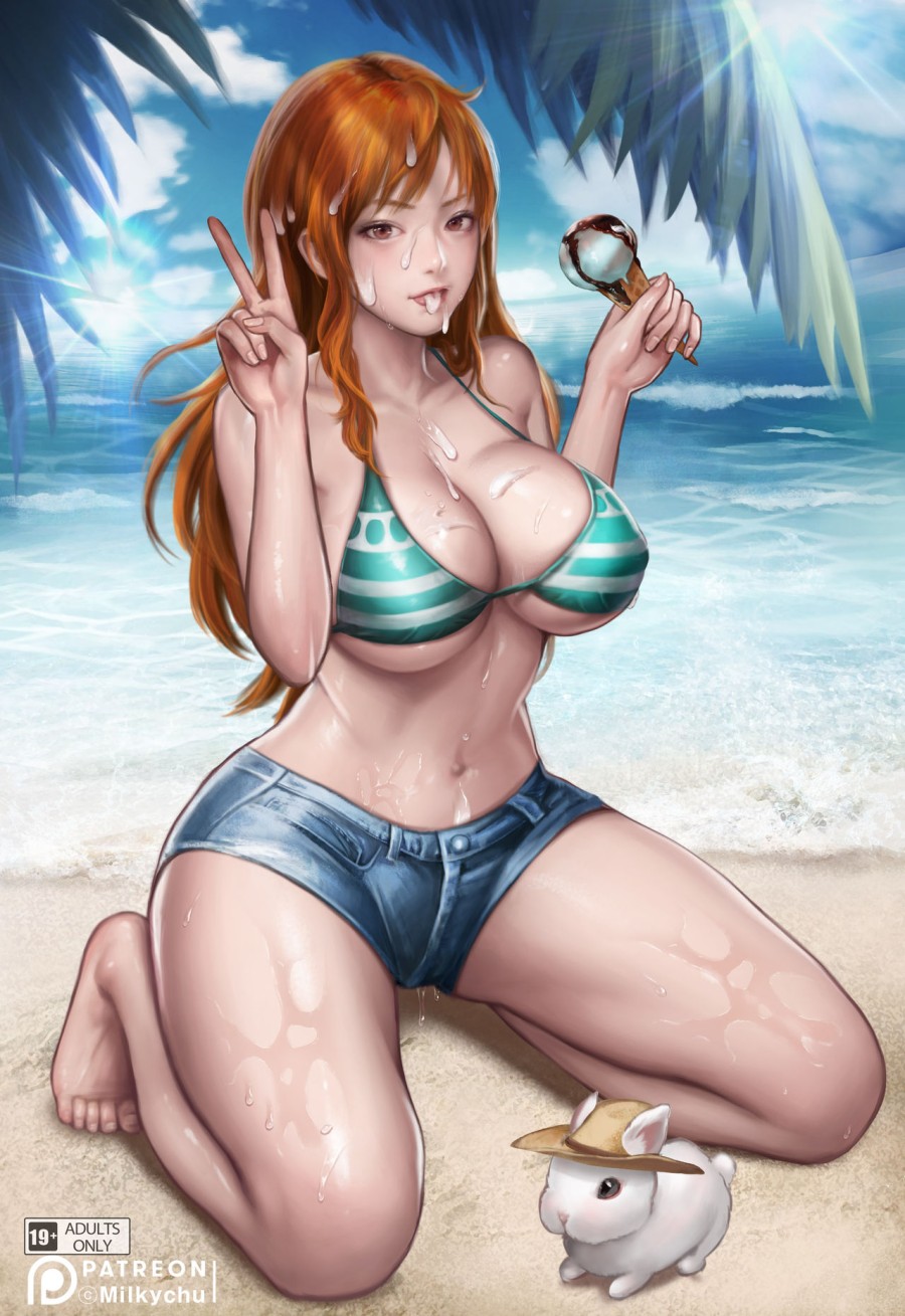 Nami blowjob on the beach 